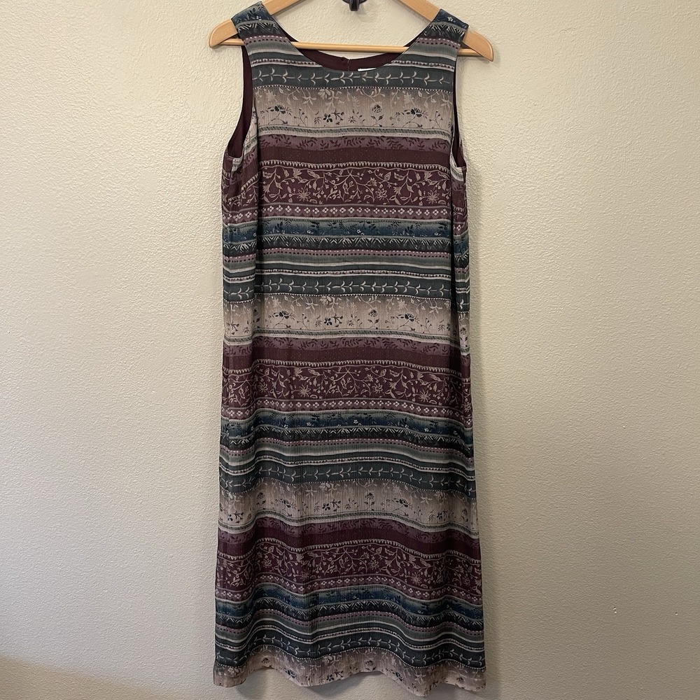 VTG Dark Boho Silk Maxi Dress Valerie Stevens Floral Striped Burgundy Teal Sz 8